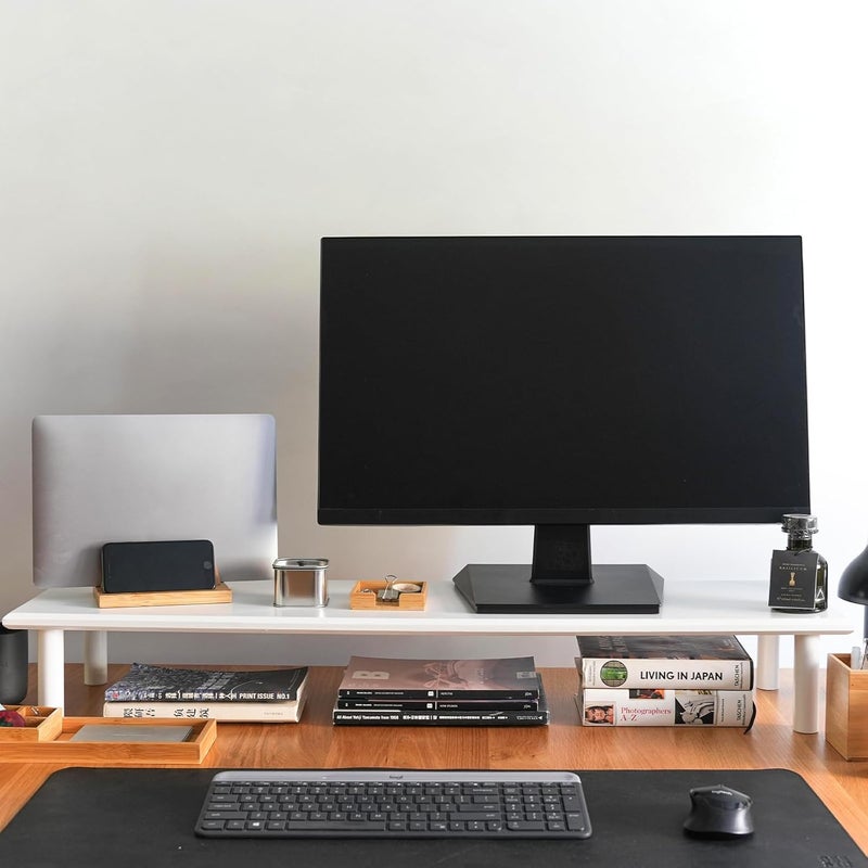 ROCDEER Bamboo Dual Monitor Stand Riser White, Desk Monitor Riser for 2 Monitors, Supports for PC Computer Monitor, Printer, Heavy TV Riser up to 300 lbs, White - Image 3